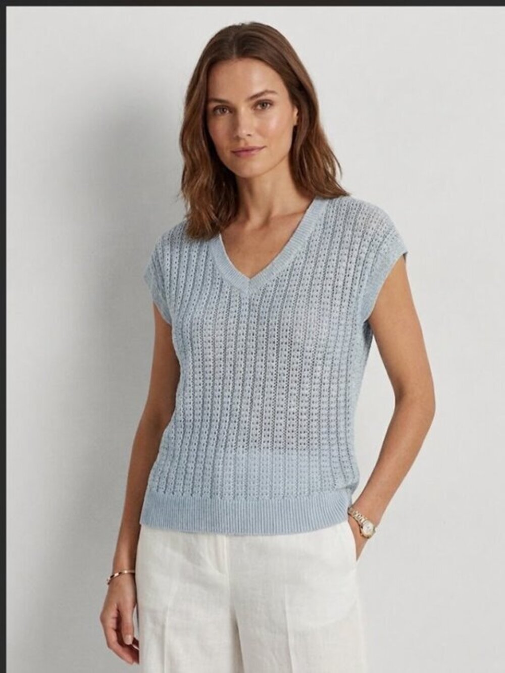 NWT Lauren RL Light Blue Knit V-Neck Sleeveless Sweater-XS (fits to M)-MSRP $145